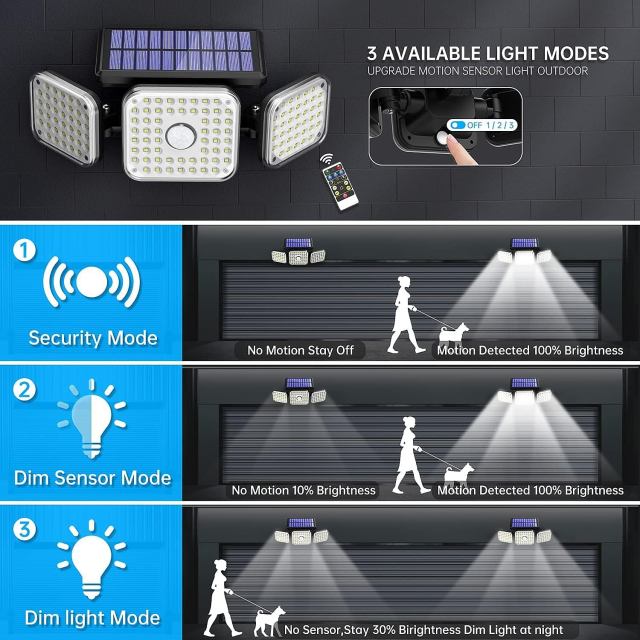 Lâmpada de parede solar de 3 cabeças externa com sensor de movimento